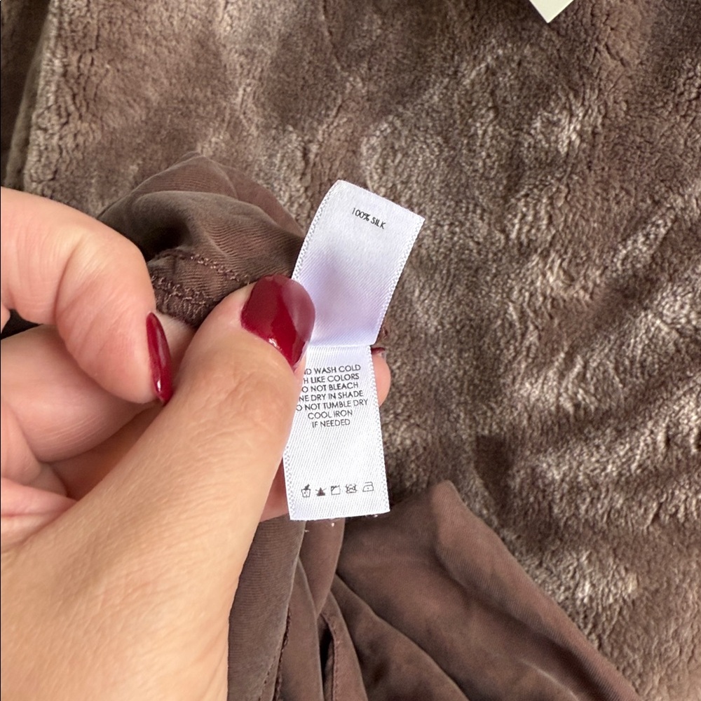 NEW- Unsubscribed 100% Silk Brown Long-Sleeve Jumpsuit - Picture 12 of 12